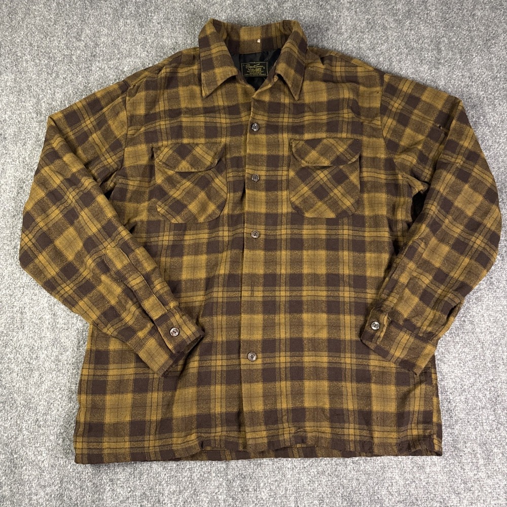 VTG 60s Sportsman Cal-Made Woolynella L Flannel Shirt Loop Collar Plaid READ